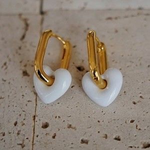 White Heart Pendant Gold Tone Huggies